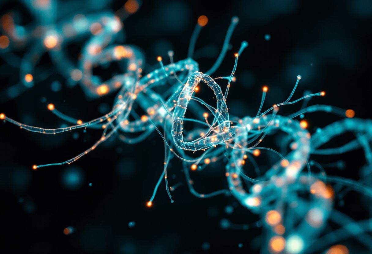 Fine luminous filaments coiling through dark fluid