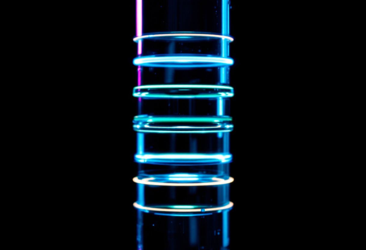 Bands of luminous colour separating down a column against a dark field