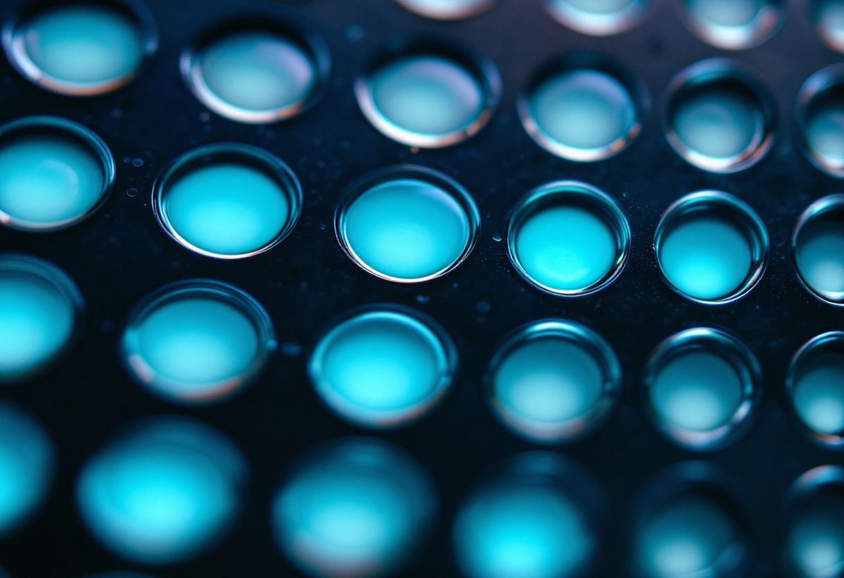 An ordered grid of luminous wells on a dark field