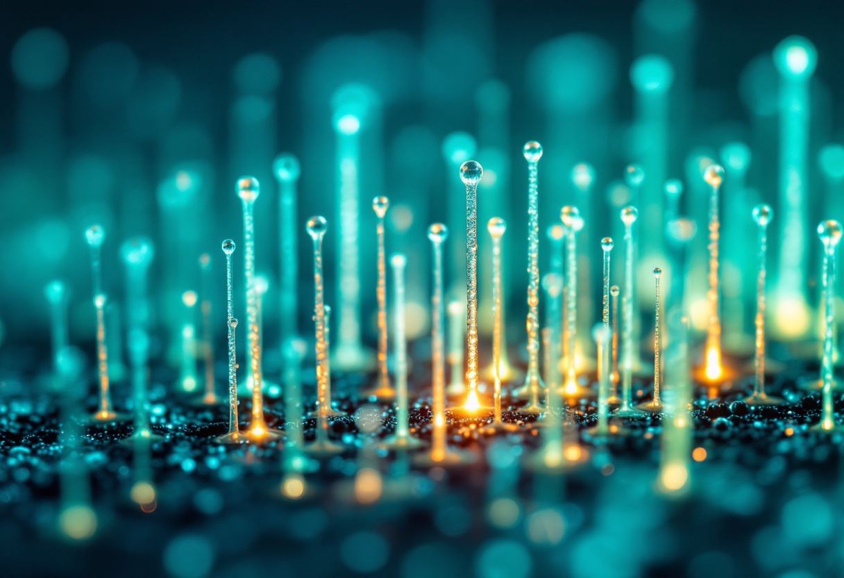 A regular array of fine luminous points on a dark textured field